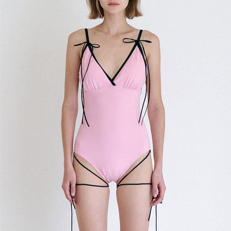 Sweety-Inspired Bow Tie One-Piece Swimsuit – Soft Pink Minimalist Beachwear