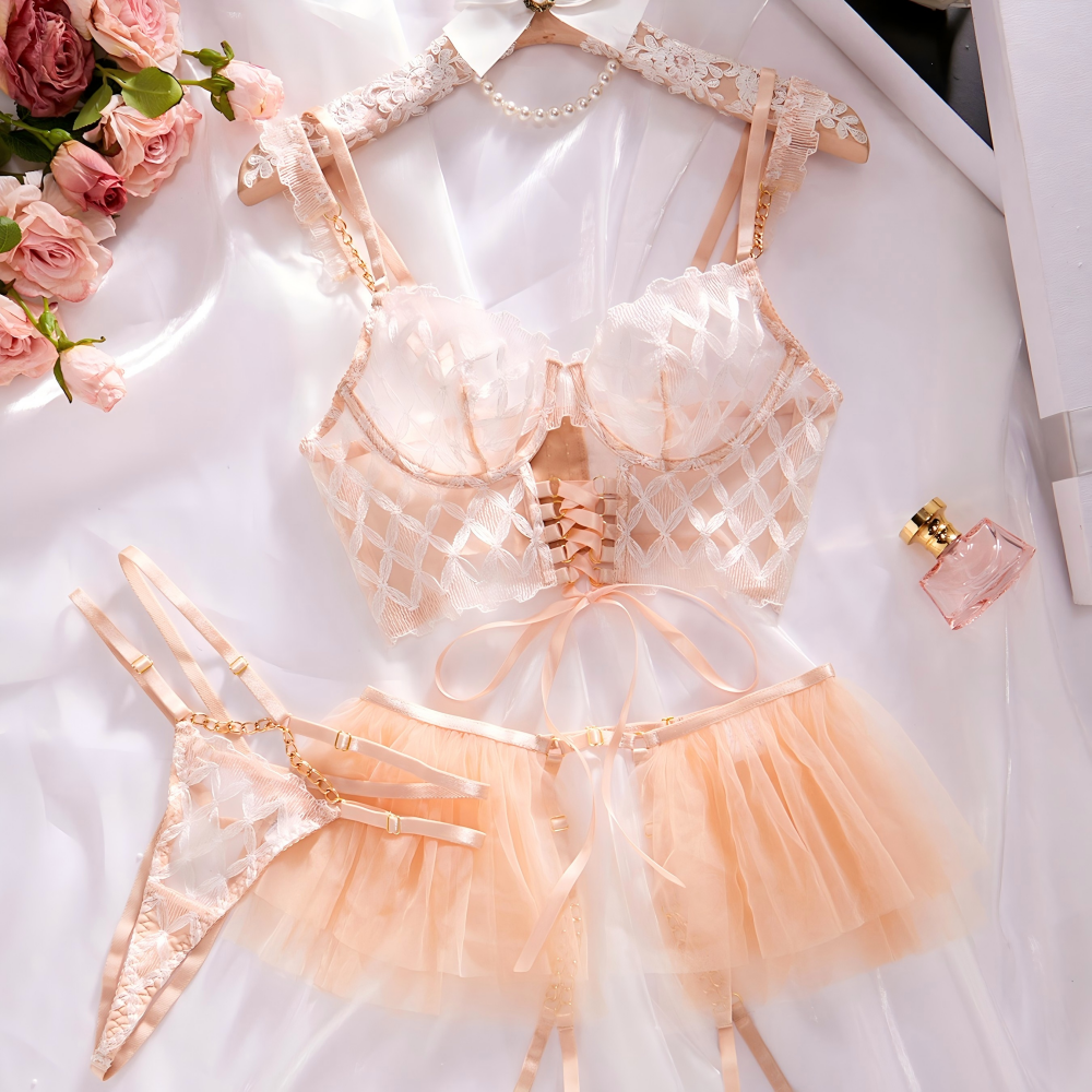 Lace accents on corset lingerie set