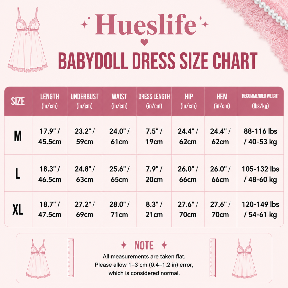 Size guide for White Embroidered Mesh Babydoll Dress Set with Garter Straps