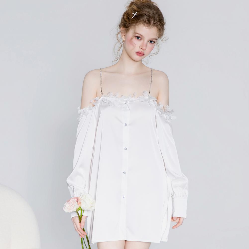 White Off-Shoulder Shirt Nightgown with 3D Floral Appliqué