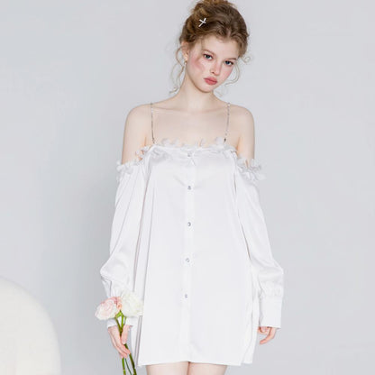White Off-Shoulder Shirt Nightgown with 3D Floral Appliqué