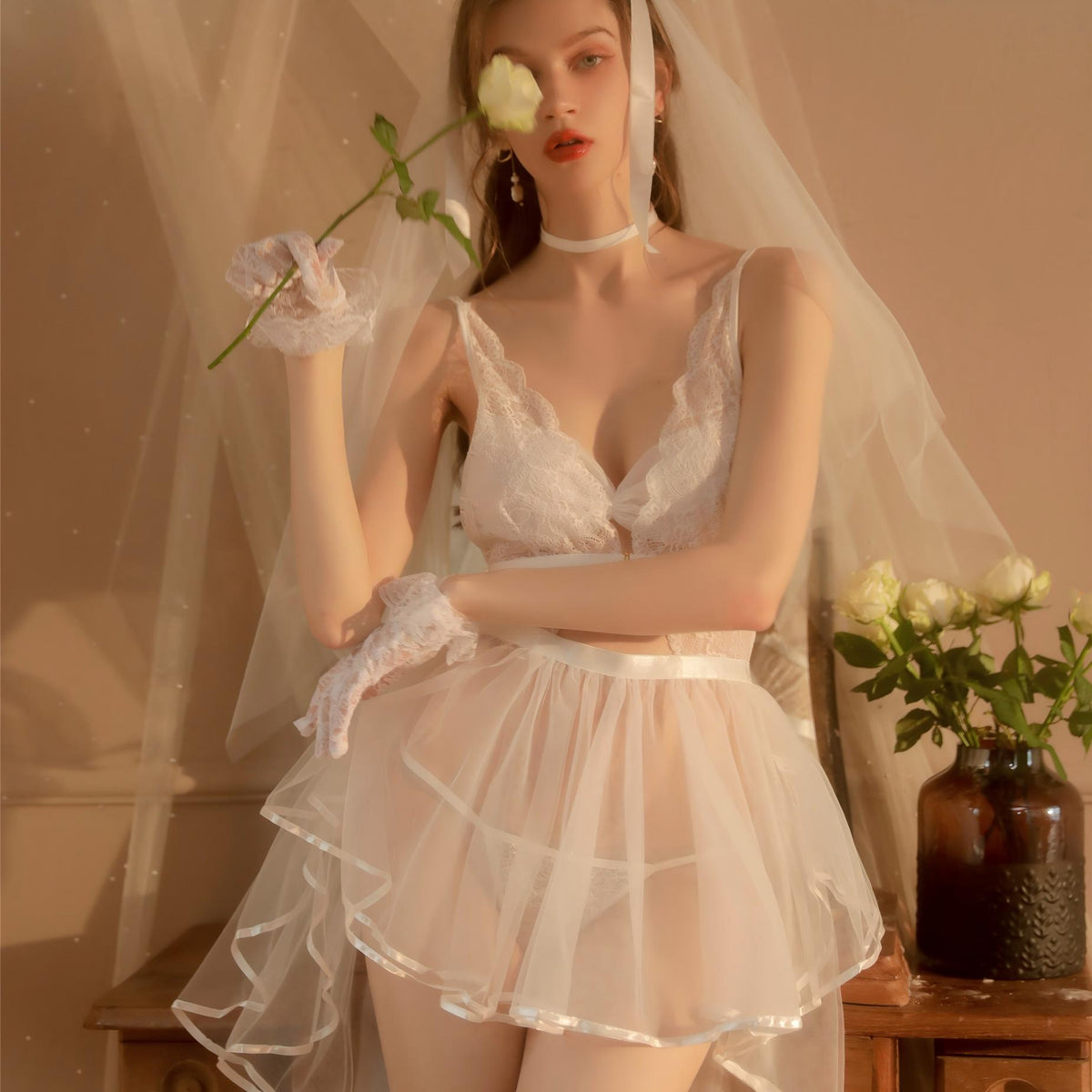 Floral details on cosplay babydoll lingerie