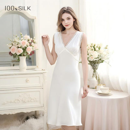White V-neck mulberry silk nightgown front view