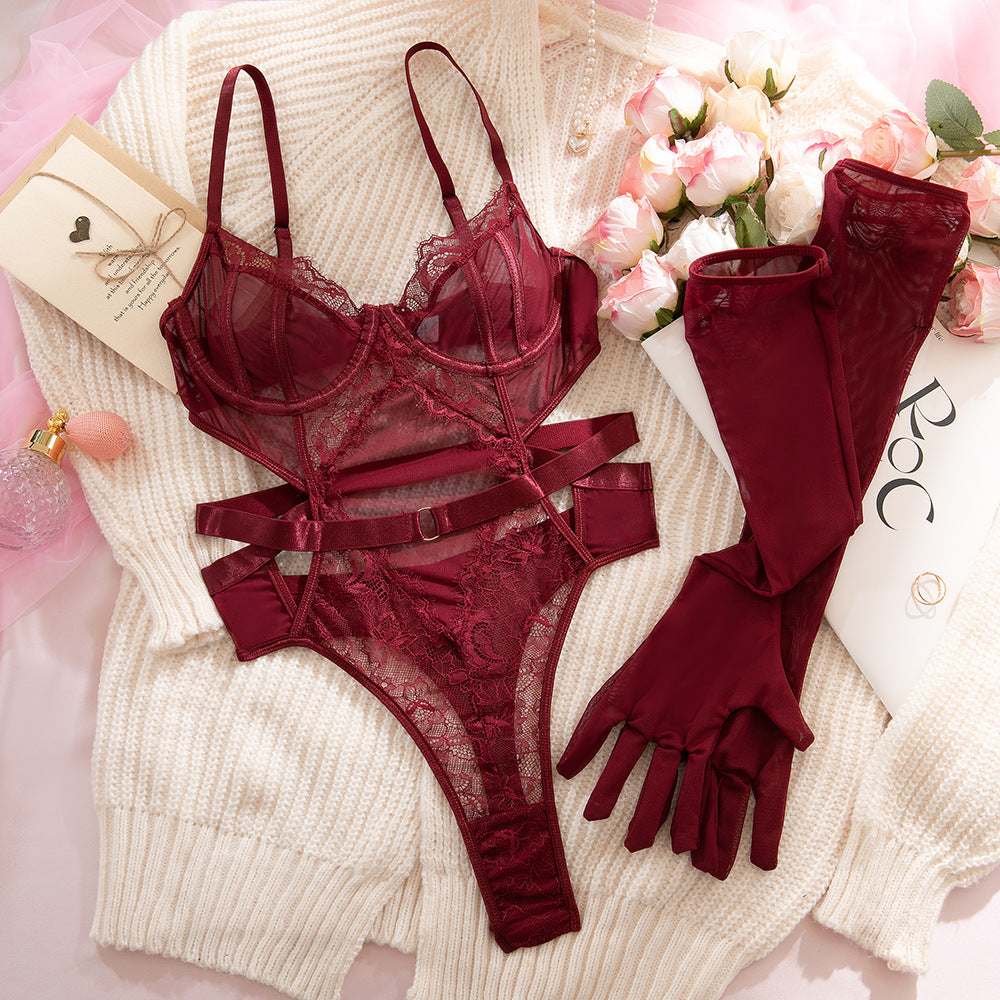 Isabella | Lace Cut-out Bodysuit with Matching Gloves | HuesLife
